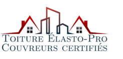 Logo de Toiture Élasto-Pro présentant des toits de maisons et d'édifices avec inscription Toiture Élasto-Pro - Couvreurs certifiés